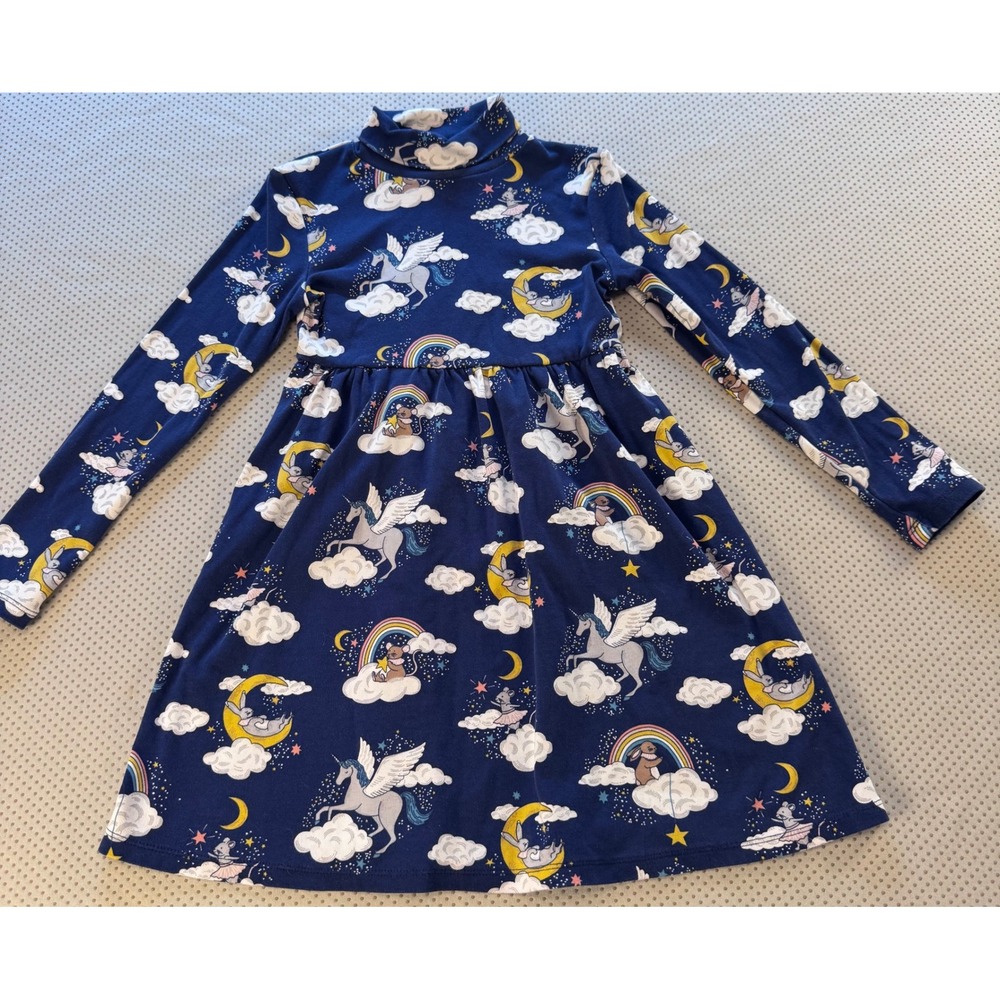 Mini Boden Girls Navy Pegasus Unicorn Rainbow Moon Roll Neck Jersey Dress 7-8Y